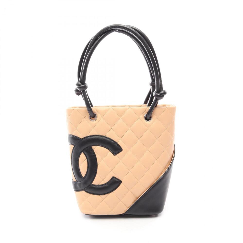 Chanel Cambon Line Small Tote Bag Handbag Leather Women's Beige/Black